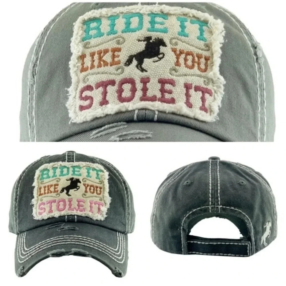 Boutique NWT Distressed "Ride It Like You Stole It" Baseball Cap boho western